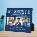 Graduate Modern Navy Blue 3 Photo Graduation Plaque<br><div class="desc">Classic 3 photo graduation plaque display sign with easel features Graduate in bold serif lettering with modern custom text that can be fully customised with the graduate's full name, class year, and school name. Add three favourite pictures of the graduate to the square placeholder images. Navy blue background colour can...</div>
