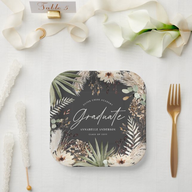 Graduate modern pampas grass black elegant paper plate (Wedding)