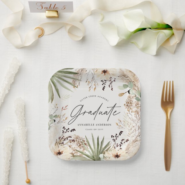 Graduate modern pampas grass foliage elegant chic paper plate (Wedding)