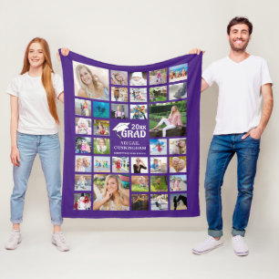 Graduate Modern Photo Collage Name School Purple Fleece Blanket