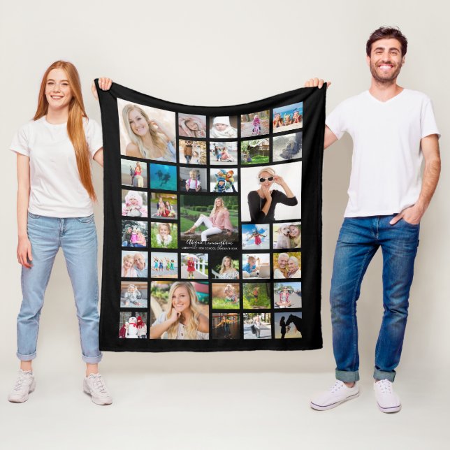 Graduate Modern Photo Collage Script Name Black Fleece Blanket (In Situ)