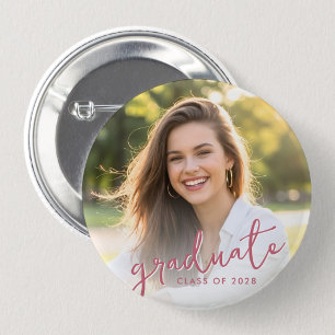 Graduate Modern Pink Script Photo 6 Cm Round Badge