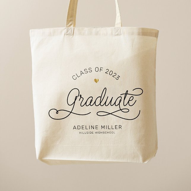 Graduate Modern Script Gold Heart Graduation Name  Tote Bag (Creator Uploaded)