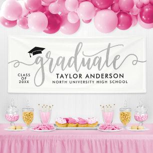Graduate Modern Silver Script Graduation Party Banner