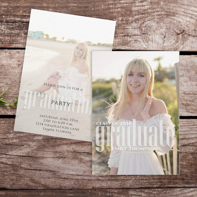Graduate Modern Simple Stylish Photo Typography Invitation (Graduate modern typography style elegant 2 photo template invitation. )