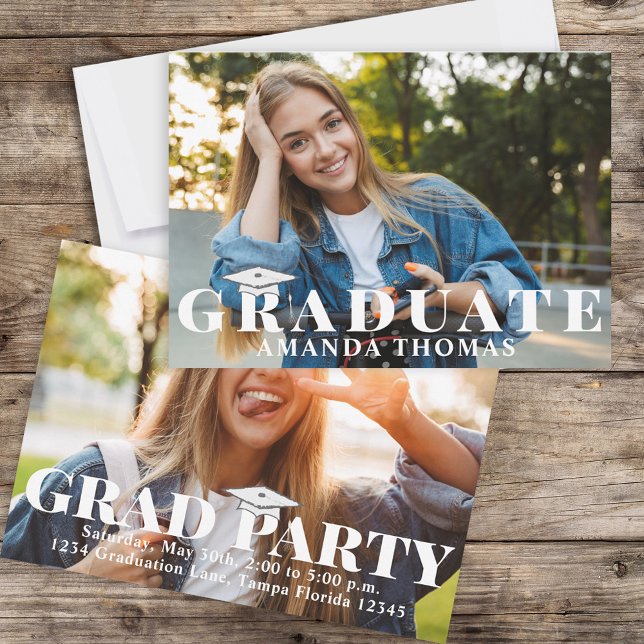 Graduate Modern Two Photo Simple Typography  Invitation (Creator Uploaded)