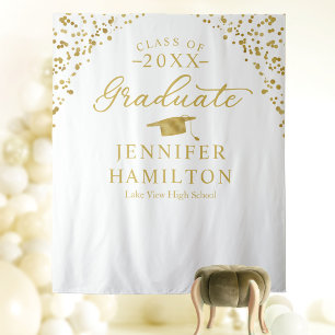 Graduate Modern White Gold Graduation Backdrop  Tapestry