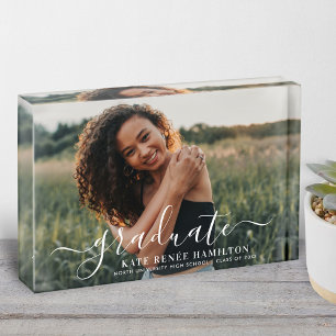 Graduate Modern White Script Photo Block