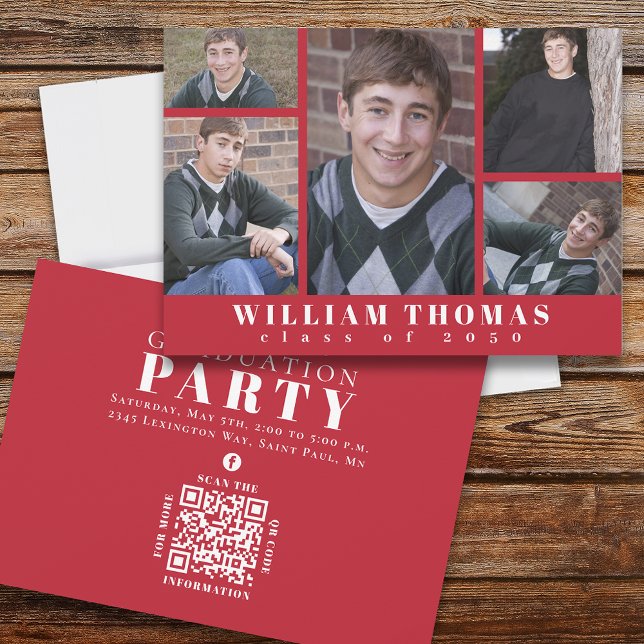 Graduate Multi Photo Collage Cardinal Red QR Code Invitation (Creator Uploaded)