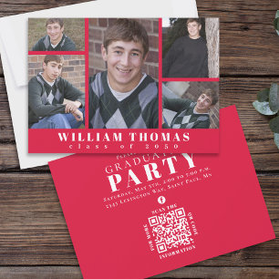 Graduate Multi Photo Collage Crimson Red QR Code Invitation