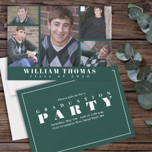 Graduate Multi Photo Collage Minimal Dark Green Invitation