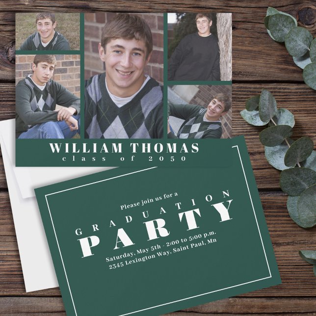 Graduate Multi Photo Collage Minimal Dark Green Invitation (Creator Uploaded)