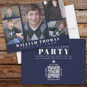 Graduate Multi Photo Collage Navy Blue QR Code  Invitation