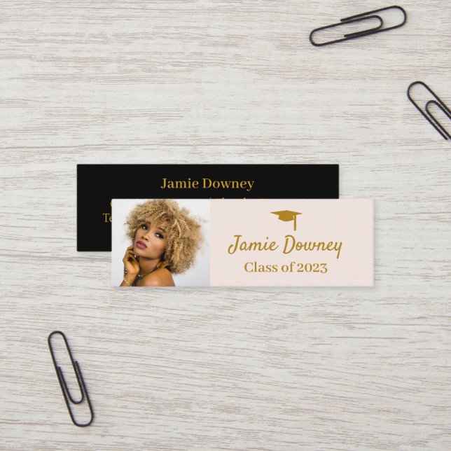 Graduate Name Card | Photo | Black, Pink & Gold (Front/Back In Situ)