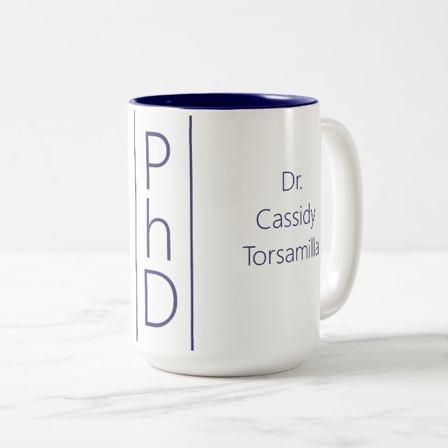 Graduate Name White Blue PhD Two-Tone Coffee Mug (Front Right)