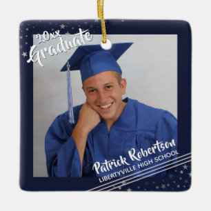 Graduate, Navy Blue Border & Stars, Two-Photo Ceramic Ornament