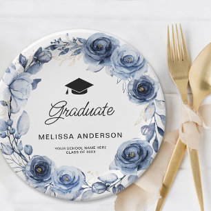 Graduate Navy Blue Flowers Paper Plate