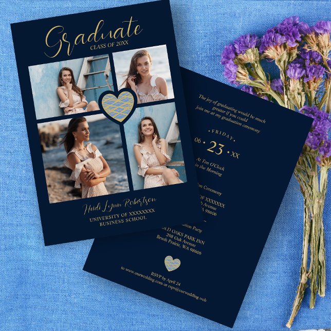 Graduate Navy Blue Trendy Heart Collage 4 Photos Invitation (Creator Uploaded)