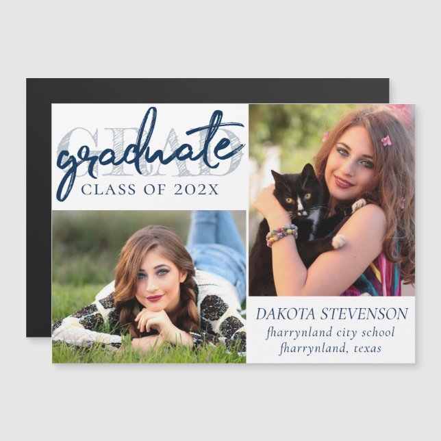 Graduate Navy Script | Dark Blue 2 Photo Keepsake Magnetic Invitation (Front/Back)