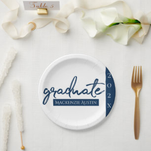 Graduate Navy Script Dark Blue Brush Keepsake Paper Plate