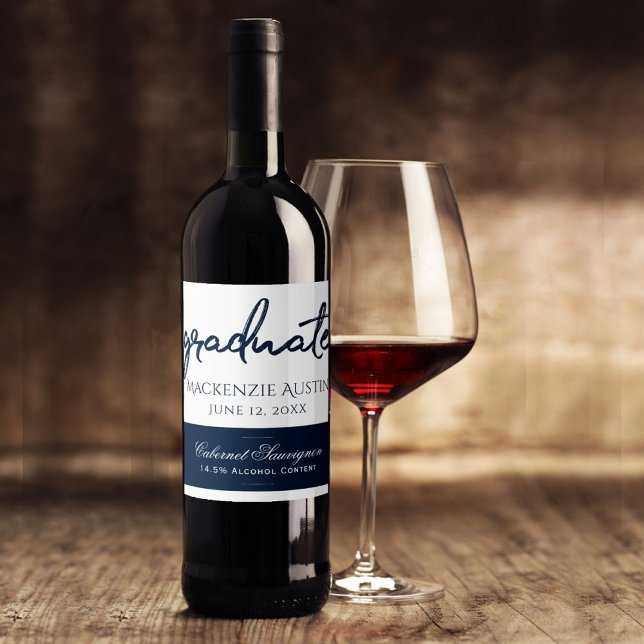 Graduate Navy Script | Dark Blue Brush Keepsake Wine Label (Creator Uploaded)
