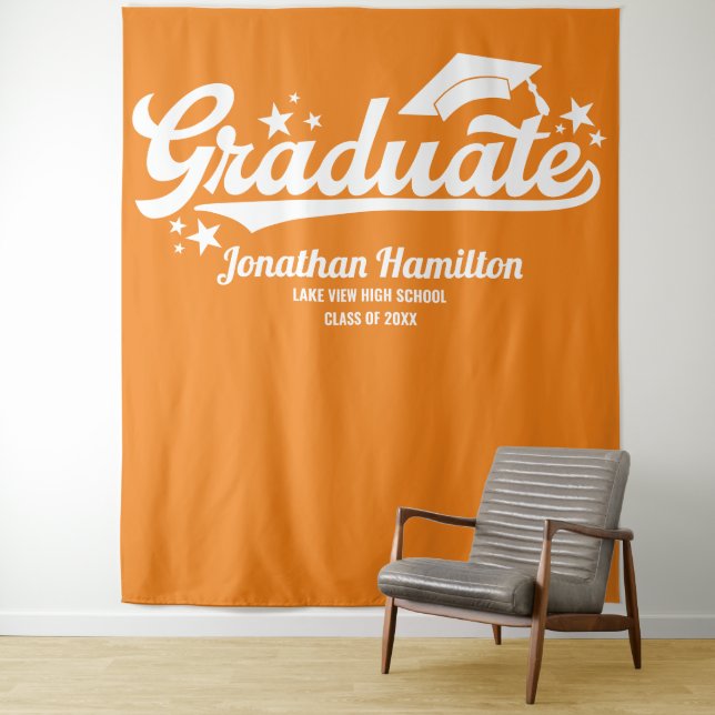 Graduate Orange Graduation Party Backdrop Tapestry (In Situ)