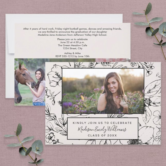 Graduate Party 4 Photo Blush Botanical Script Invitation (Creator Uploaded)