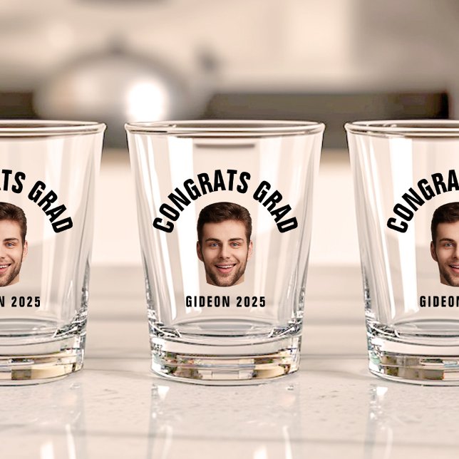 Graduate Party CUSTOM TEXT Photo Graduation Shot Glass (Three shot glasses feature a smiling face with "Congrats Grad" in black above and "Gideon 2025")