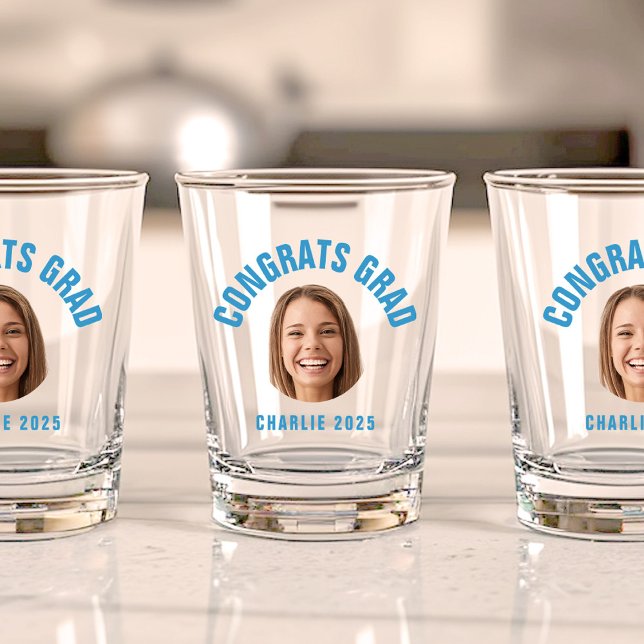 Graduate Party CUSTOM TEXT Photo Graduation Shot Glass (Three shot glasses feature a smiling face with "Congrats Grad" in blue above and "Charlie 2025" )