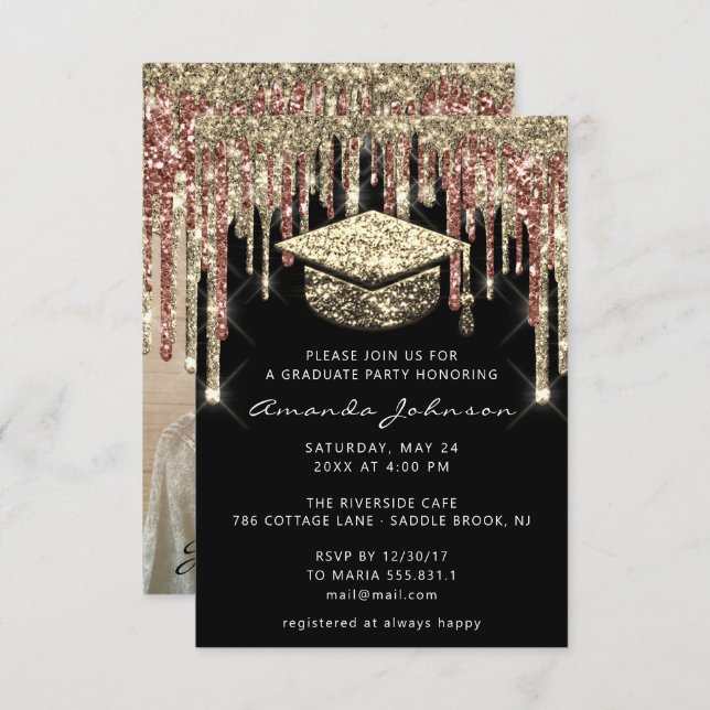 Graduate Party Drips Glitter Photo Black Gold Rose Invitation (Front/Back)