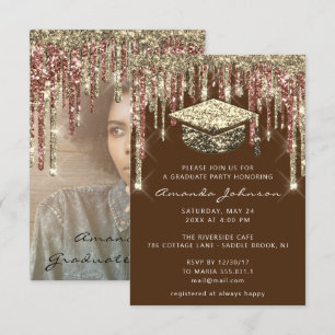 Graduate Party Drips Glitter Photo Brown Gold Invitation