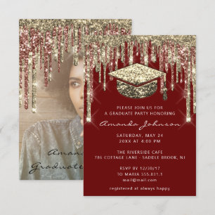 Graduate Party Drips Glitter Photo Burgundy Gold Invitation