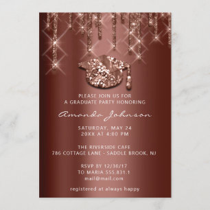 Graduate Party Drips Rose Gold Cap3D Effect Bronze Invitation