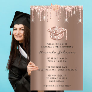 Graduate Party Drips Rose Gold Cap 3D Blush Invitation