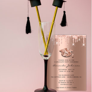 Graduate Party Drips Rose Gold Cap 3D Blush Invitation