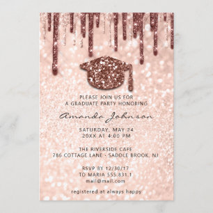 Graduate Party  Drips Rose Gold Cap 3D Glitter Invitation