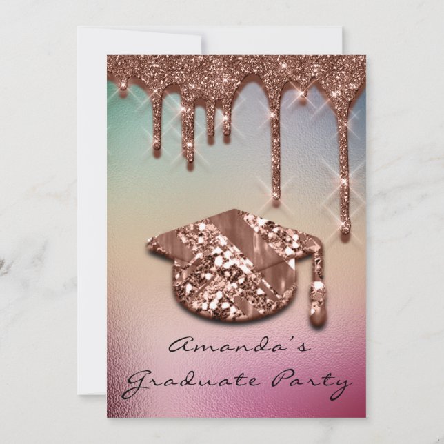 Graduate Party Drips Rose Gold Cap 3D Holographic Invitation (Back)