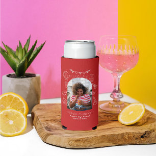 Graduate Party Red Hand Drawn Modern Photo  Seltzer Can Cooler