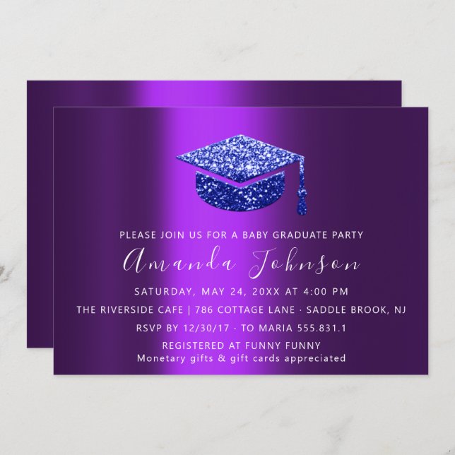 Graduate Party Student Purple Blue Graduate Cap Invitation (Front/Back)