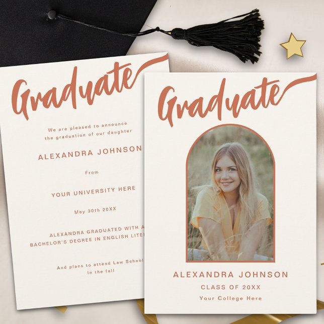 Graduate Photo Arch Burnt Orange Script Announcement (Whimsical graduate photo arch burnt orange calligraphy script graduation announcement card)