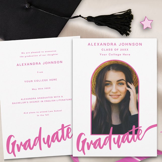 Graduate Photo Arch Modern Pink Script Announcement (Elegant hot pink script graduate photo boho arch Graduation announcement card)
