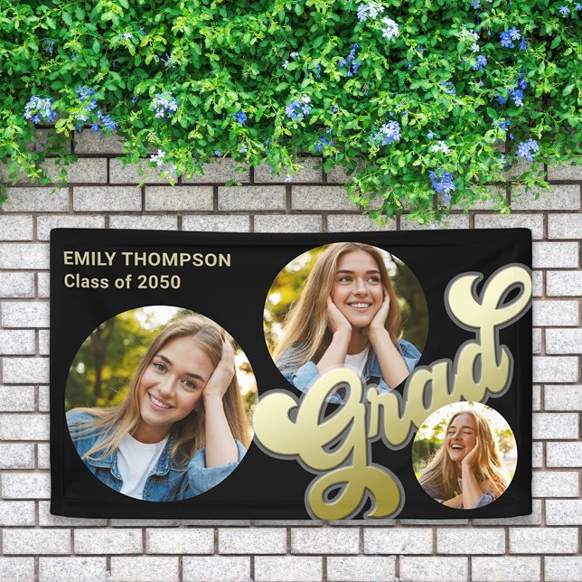 Graduate Photo Black and Gold Banner (Graduation gold typography multi-photo banner. )