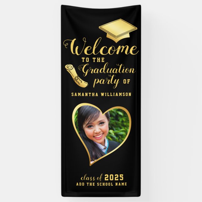 Graduate Photo Black Gold Graduation Welcome Banner (Vertical)