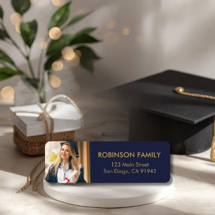 Graduate Photo Blue Gold Script Return Address Label