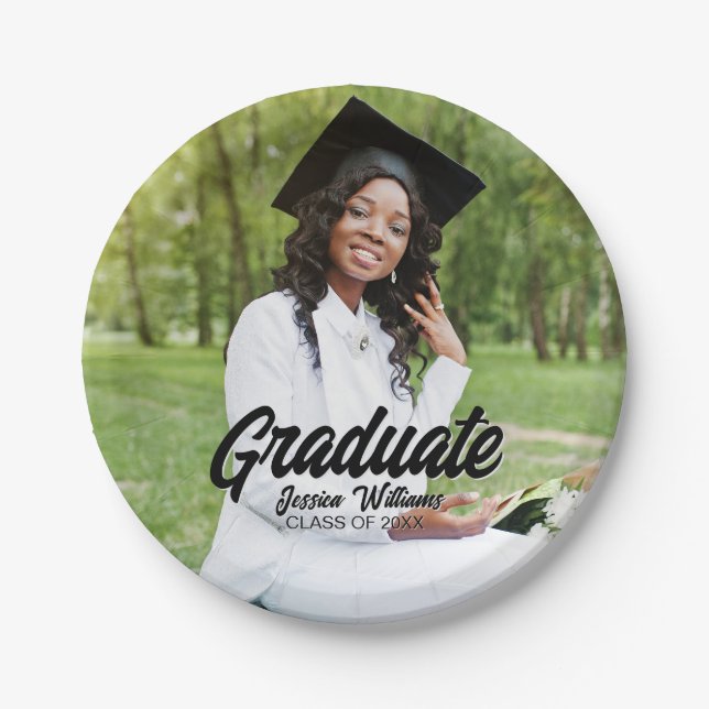 Graduate Photo Bold Black Script Graduation Party Paper Plate (Front)