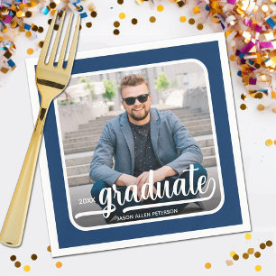 Graduate Photo Bold Script Blue Party Napkin