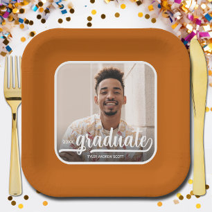 Graduate Photo Bold Script Burnt Orange Graduation Paper Plate