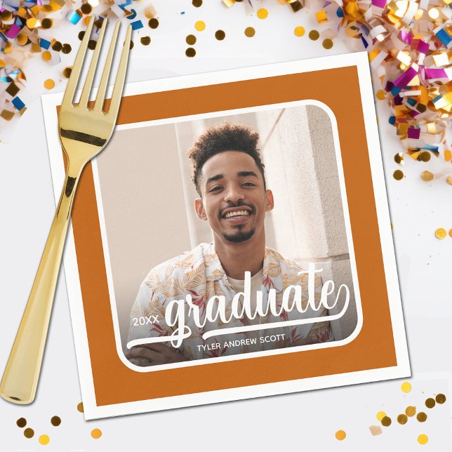 Graduate Photo Bold Script Burnt Orange Napkin (Your photo, name, year and "Graduate" in a cool script on burnt orange background party napkins)