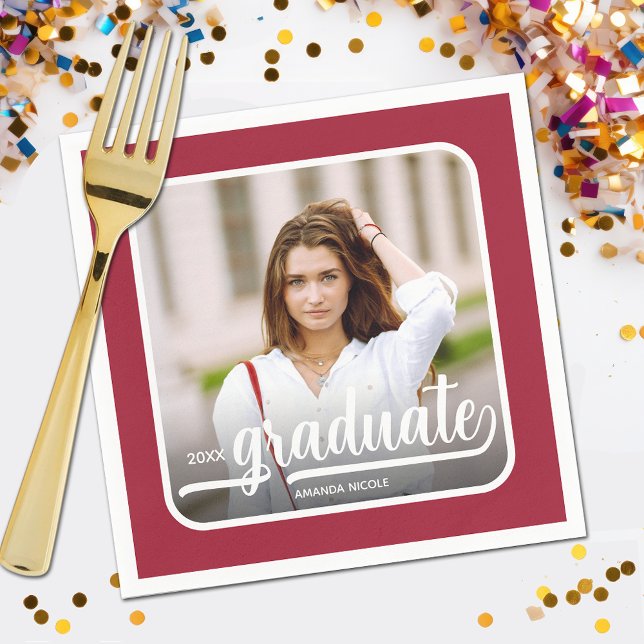 Graduate Photo Bold Script Crimson  Napkin (Your photo, name, year and "Graduate" in a cool script on crimson red background party napkins)