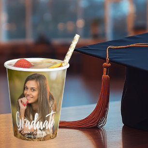 Graduate Photo Bold Script Custom Graduation Party Paper Cups